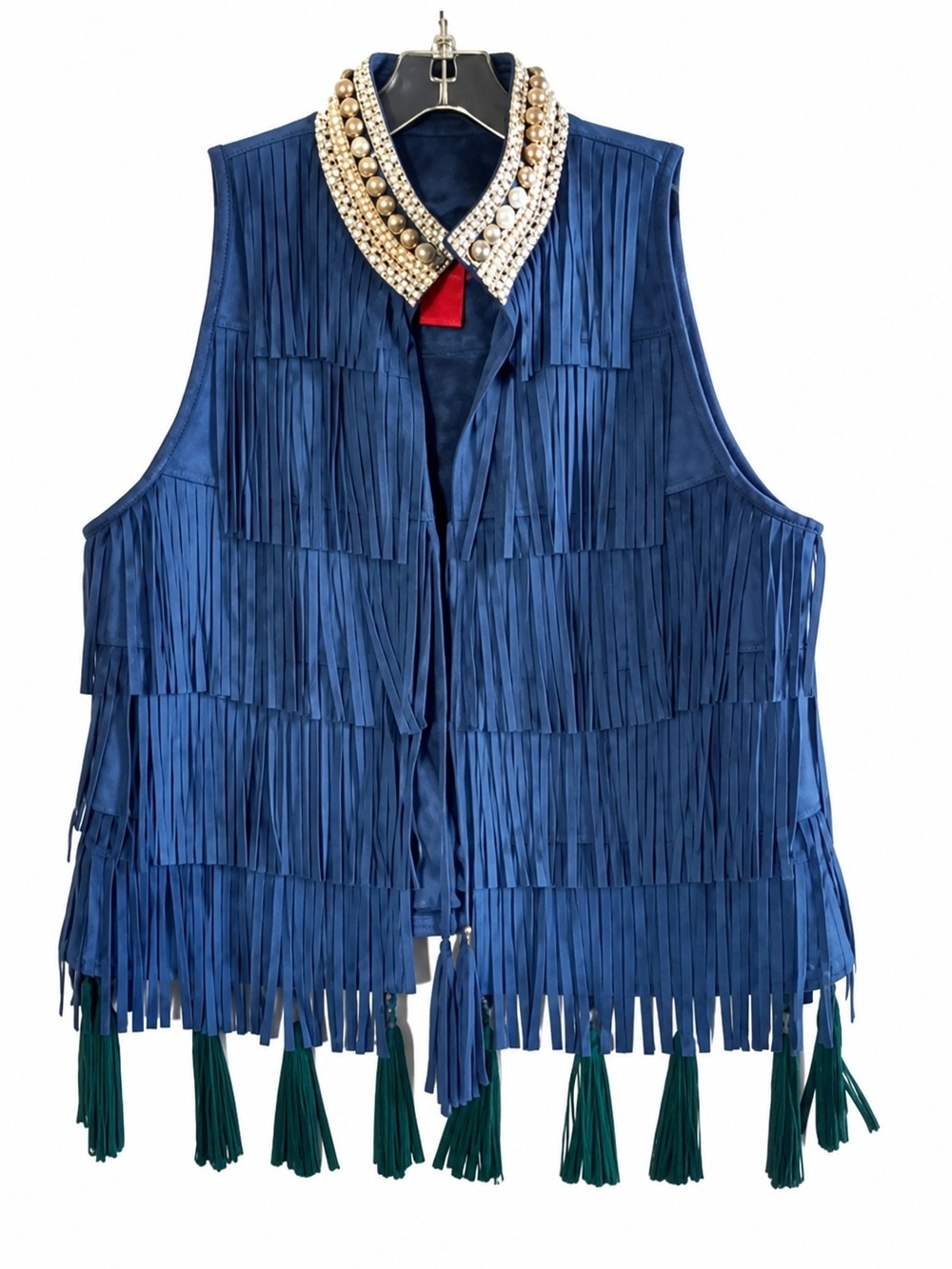 V Cristina Blue Faux Suede Fringe Vest Women's L Embellished Western Boho